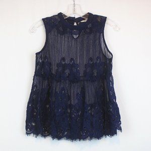 Arizona Medium Dark Blue Sleeveless Sheer Lace Top